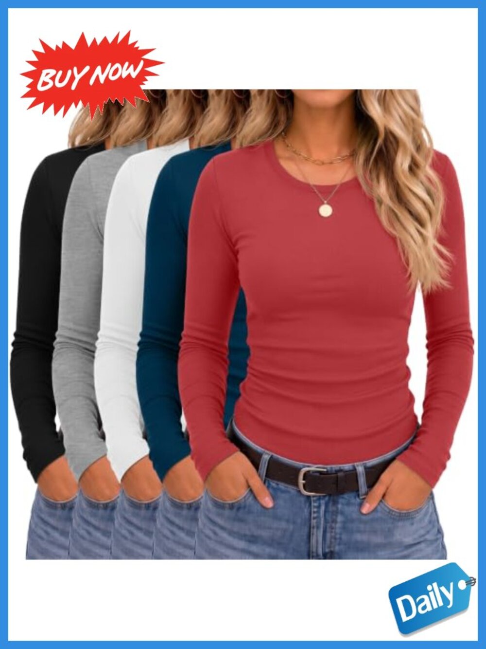 5 Pack Women's Long Sleeve Slim Fit Crew Neck Basic Tops